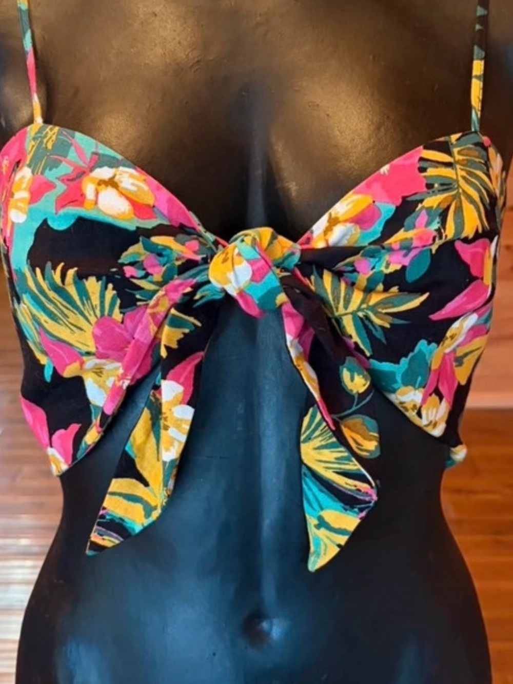 Express Floral Tie-Front Camisole - Black with Pink, Teal & Yellow